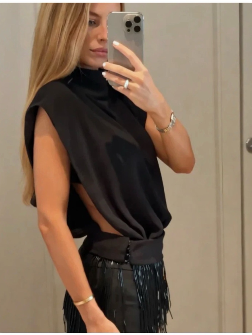 Sleeveless High-Neck Black Draped Top + matching black mini shorts